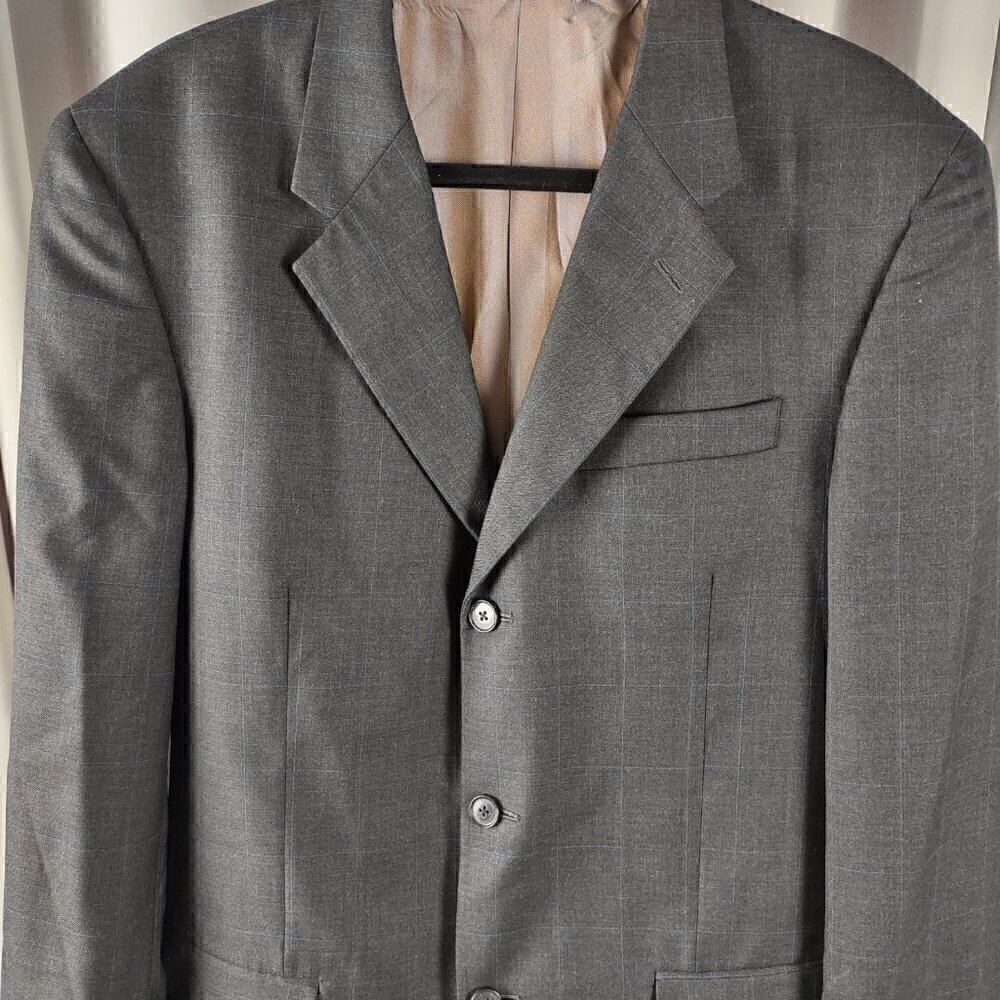 Perry Ellis Portfolio Dark Gray, W Blue Pinstripe 100% Wool Suit Jacket Size 40R - Picture 2 of 12
